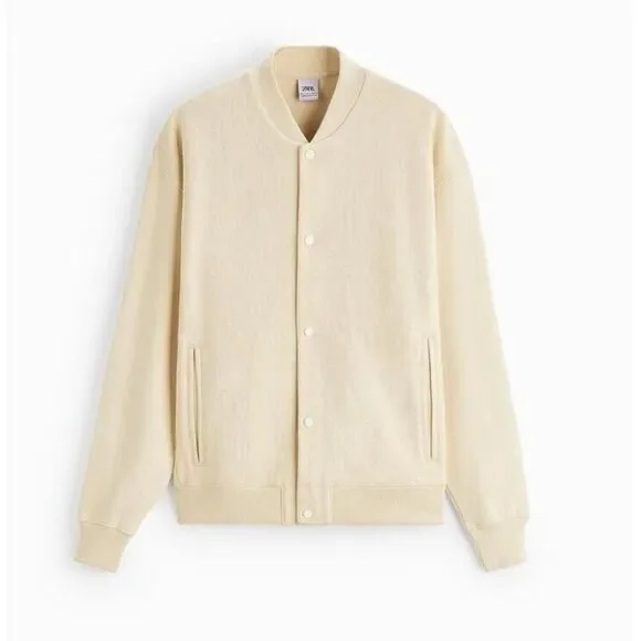 Zara Mens Bomber Jacket L Beige Tan Cotton Stretch Snap Button 3854/338 NWT - Picture 2 of 8